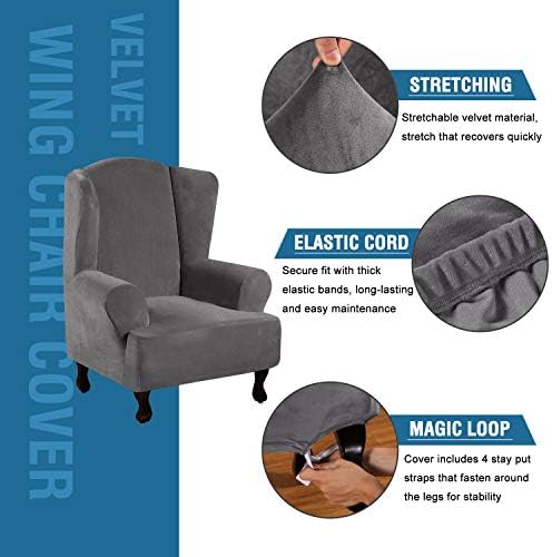 H.VERSAILTEX Wingback Chair Covers Velvet Plush Wing Chair Slipcover 1 Piece High Stretch Wing Back Chair Slipcovers Sofa Cover Furniture Cover with Elastic Bottom, Grey