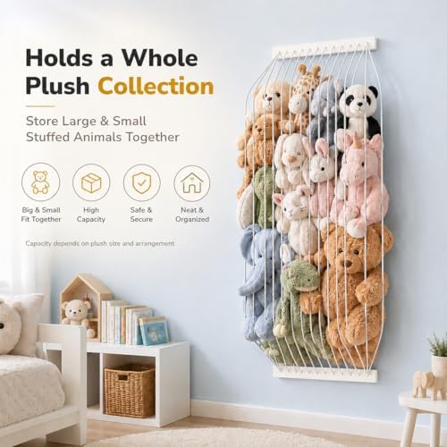 Stuffed Animal Storage Wood Soft Toy Storage for Kids Room，Wall Mount Door Hanging Stuffed Animal Toy Organizer Shelf for Nursery Play Room White -Patent