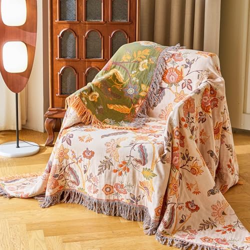VANJOROY Boho Throw Blanket 80" x 90", 100% Organic Cotton Breathable Skin-Friendly Ultra Soft Bed Quilt Throw - Floral Rustic Decor Luxury Reversible Blanket for Sofa Couch Chair and Gift,