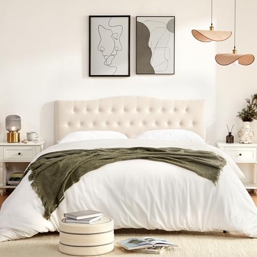 Tufted Headboard Full Size, Solid Wood Adjustable Height Head Board, Beige