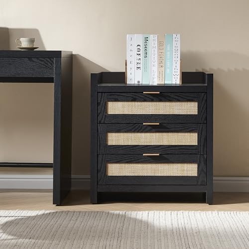SICOTAS Rattan Nightstand Larger Bedside Table with 3 Drawers