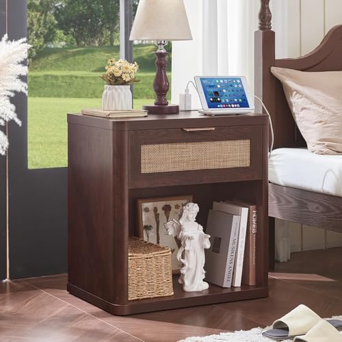 LEYAOYAO Rattan 23" Nightstands Set of 2 with Charger for Bedroom