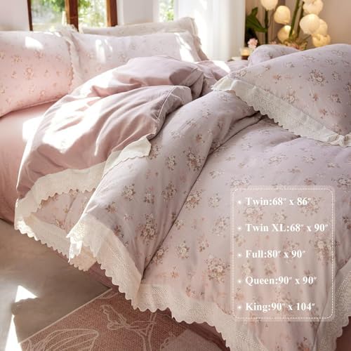 Cotton Duvet Cover Twin 3 Pcs, Rustic Floral Ruffled Bedding 68"×86"