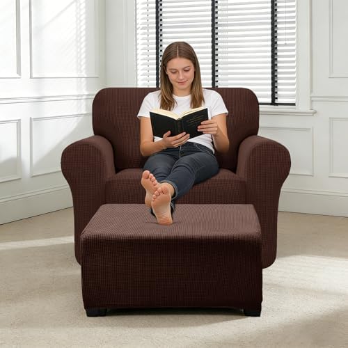 2 Piece Stretch Chair and Ottoman Cover Set, Jacquard Accent Armchair and Foot Stool Slip Cover, Non-Slip Slipcover for Chair with Footrest (Brown,2 Pieces Set)
