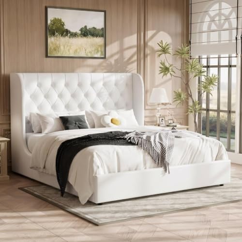 HOMBCK King Size Bed Frame, Upholstered Platform Bed with Headboard, White