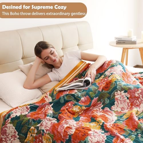 VANJOROY Boho Throw Blanket, 100% Organic Cotton Breathable Ultra Soft 80" x 90" Bed Quilt Throw - All Season Floral Rustic Farmhouse Decor Luxury Reversible Blanket for Sofa Couch Chair and Gift