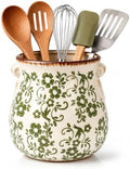 Green Ceramic Utensil Holder for Countertop, Vintage Floral Utensil Crock