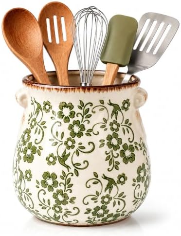 Green Ceramic Utensil Holder for Countertop, Vintage Floral Utensil Crock
