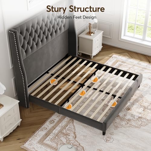 Full Upholstered Bed Frame, 55.4'' Tall Headboard with Wingback
