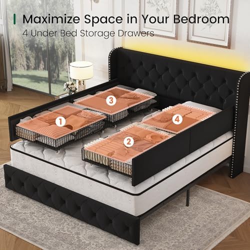 LARMACE King Size Bed Frame with LED Lights and 4 Storage Drawers Velvet Upholstered Platform Bed Frame with 47.2" Tall Tufted Headboard Wingback, No Box Spring Needed, Easy to Assemble, Black