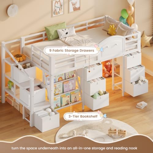 Low Loft Bed Twin Size with 9 Storage Drawers, Bookcase and LED Lights, Metal Kids Loft Bed with Stairs, Open Shelves and Safety Guardrail, Twin Loft Bed with Under-Bed Playhouse, Pure White