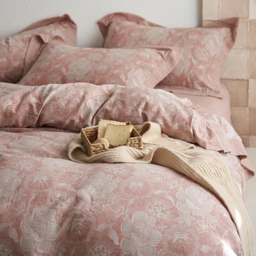 Jacquard Floral Duvet Cover Set King,Yarn-Dyed Cotton Blush Pink Flower Duvet Cover Bordered,Vintage Garden Style Bedding Set King Size 3 Pieces