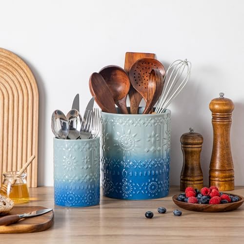 LOVECASA 7.2"+5.4" Ceramic Utensil Holder Set of 2, Coastal Crock