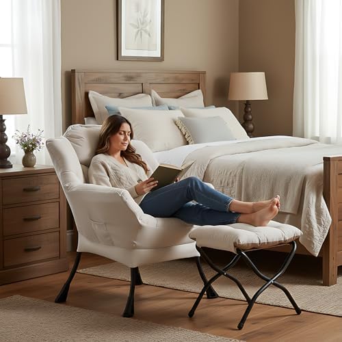 Welnow Lazy Chair with Ottoman, Reading Chair with Footrest, Beige