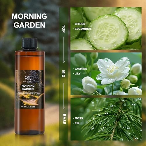 Diffuser Oil Refill, 250ml / 8.45 fl oz, Morning Garden - Reed Diffuser Oil Refill for Home Fragrance, Scented Oil for Reed Diffuser Bottles, Citrus, Jasmine & Fir Notes