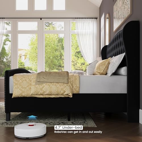 BRELTAM Upholstered Queen Size Bed Frame Velvet Black Tufted Platform Bed Frame with Wingback Headboard & Footboard, with Deep Button Tufted & Nailhead Wooden Slats Support, No Box Spring Needed