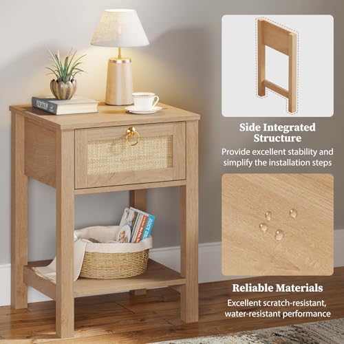 Eclatara Rattan Nightstand Set of 2: Sturdy Night Stand with Rattan Decor Drawer, Farmhouse Nightstand Bedside Table Boho End Tables Side Tables for Bedroom (Natural Oak,2 Pieces)