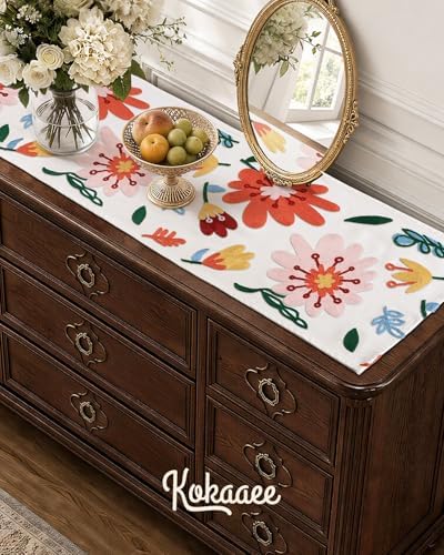 Canvas Embroidered Narrow 13"x 48" Table Runner, Colorful Flower