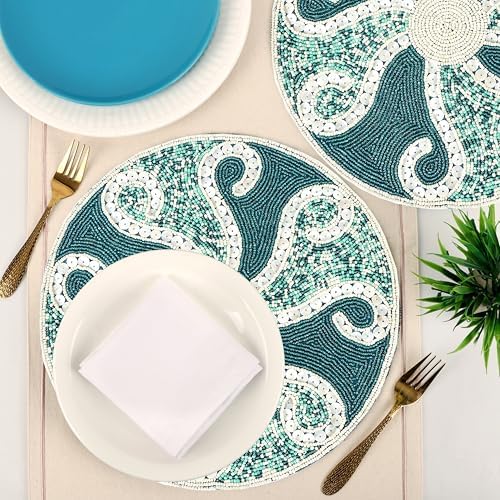 ALPHA Living HOME Beaded Placemats 13 Inch Teal Ivory Round Table Mats