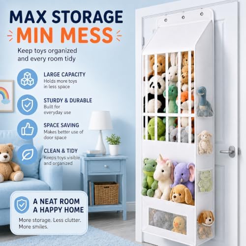 Over the Door Stuffed Animal Storage Organizer with 4 Mesh Pockets