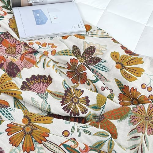 Bailix Boho Throw Blanket, 100% Cotton, Woven Floral Pattern, 80"x90"