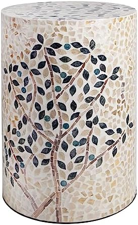 PEMAR Mother of Pearl Tree of Life End Table, 13" Round Accent Side Table