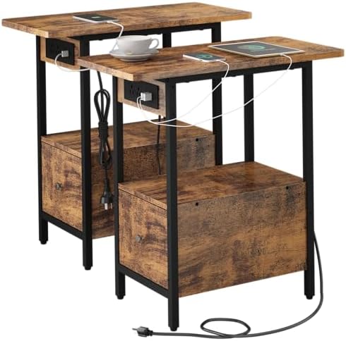 LIDYUK End Table with Charging Station, Narrow Side Table with Drawer