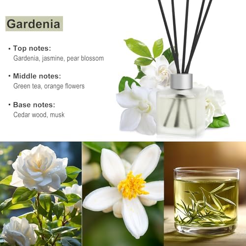 Reed Diffuser, Gardenia Scented Oils, Air Freshener Essential Oil Set with Diffuser Sticks, 3.4 oz Long Lasting Home Fragrance for Bedroom Office Shelf Bathroom Decor (2-Pack)