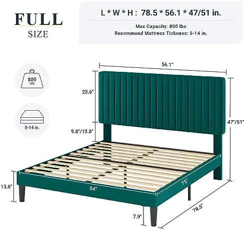 Allewie Full Bed Frame, Velvet Upholstered Platform Bed with Adjustable Vertical Channel Tufted Headboard, Mattress Foundation with Strong Wooden Slats, Box Spring Optional, Easy Assembly, Teal