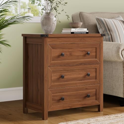 Farmhouse Nightstand with 3 Drawers, Wood Bedside Table, Walnut