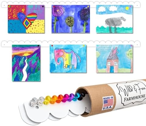 Scalloped Magnetic Art Display for Kids Artwork & Photos (Set of 2) – Kids Artwork Display for Wall – Magnetic Photo Display Strips with Push-Pin Magnets (White, 35in)