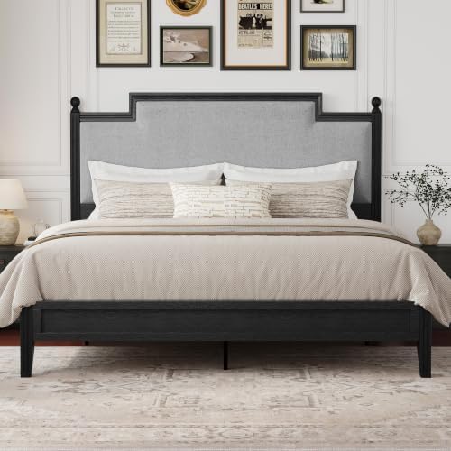 Queen Size Bed Frame with 50.2" Tall Upholstered Headboard, Black