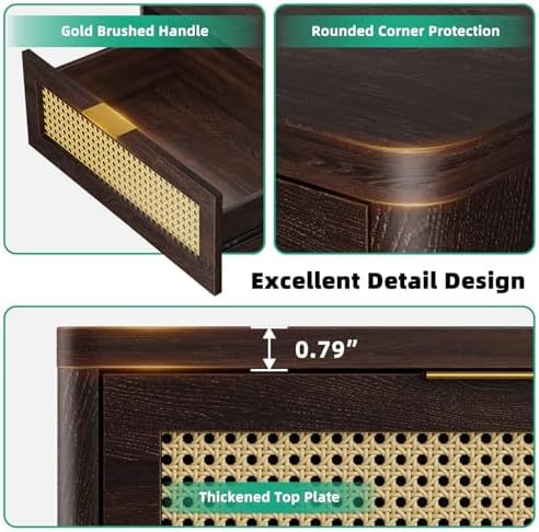 Kalrin 23" W Rattan Nightstand with 3 Drawers for Bedroom, Dark Walnut