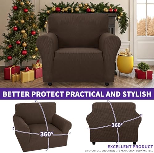 ZNSAYOTX Super Stretch Chair Slipcover Universal Sofa Chair Covers for Living Room Dogs Pet Furniture Protector Spandex Armchair Slipcovers with Anti Slip Foam Sticks (Coffee, Chair)