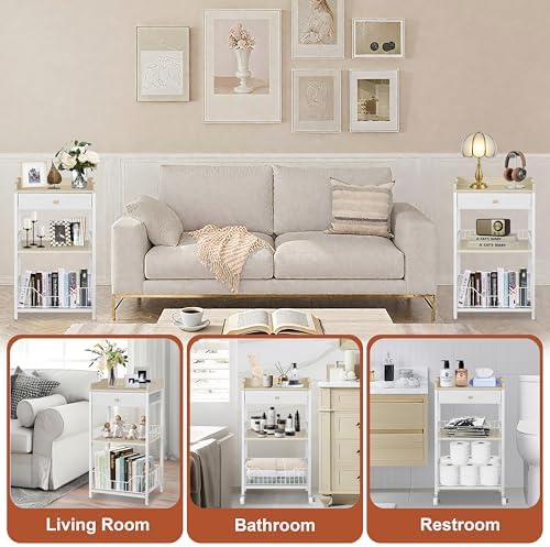 4-Tier Small Side Table with Wheels & Drawer, White & Natural