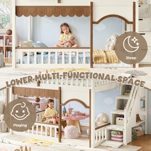 Full Over Full Size House-Shaped Wooden Bunk Bed with Window, Beige