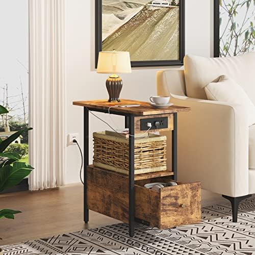 LIDYUK End Table with Charging Station, Narrow Side Table with Drawer