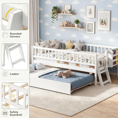 KOMFOTT Twin Bed Frame with Trundle & Bookshelf, Trundle Bed for Kids,White