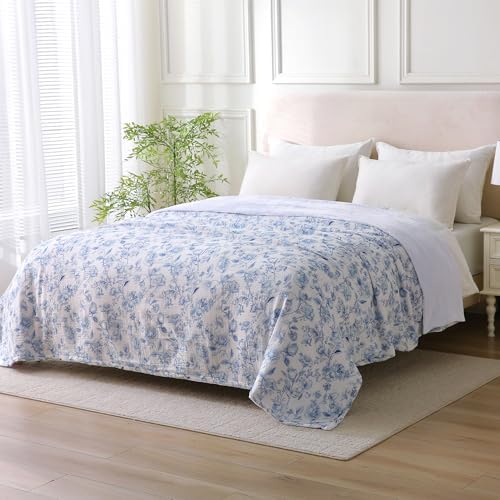 Muslin Blankets for Adults Reversible Throw Fleece & Gauze, Soft Cozy Lightweight Breathable Blue Floral Blanket for Bed Couch, Double Layer Muslin Throw Cover 90"x108"