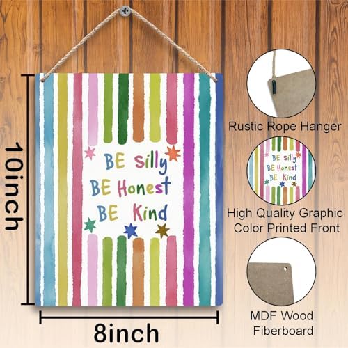 FUGWN Colorful Classroom Inspirational Hanging Wooden Signs 8x10, Be Silly Honest Kind Motivational Positive Affirmations Wall Decor Wood Plaque Hanging Decorations for Kids Room Bedroom Door Decor