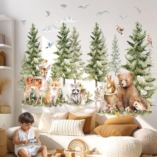 DECOWALL Large Watercolor Pine Tree Woodland Animals Wall Decals (SG4-2422)