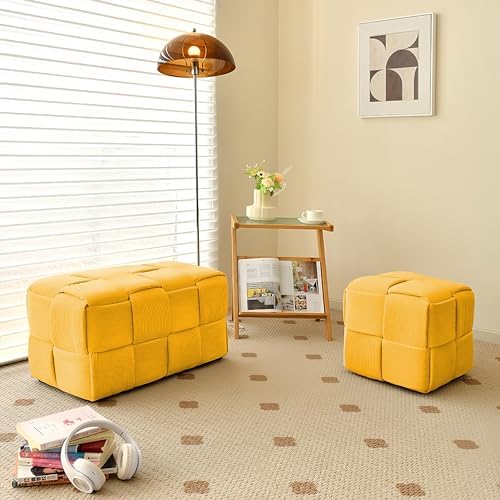 Cmishe 28" Rectangular Woven Corduroy Ottoman Footrest - Large Modern Entryway Bench & Bed End Stool, Sturdy Wood Frame, No Assembly (Yellow-L)