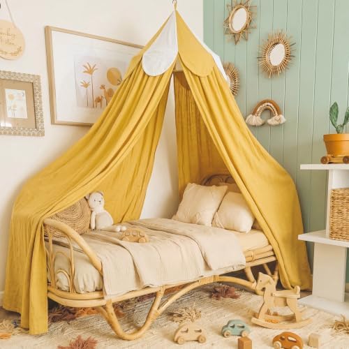 Bed Canopy with Scalloped Edge, 2 Panel Striped, Bright Yellow