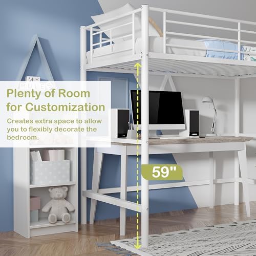VECELO Loft Bed Twin Size, Metal Bedframe with Removable Ladder and Safety Guardrail, No Box Spring Needed, Space Saving, Noise Free, Off White