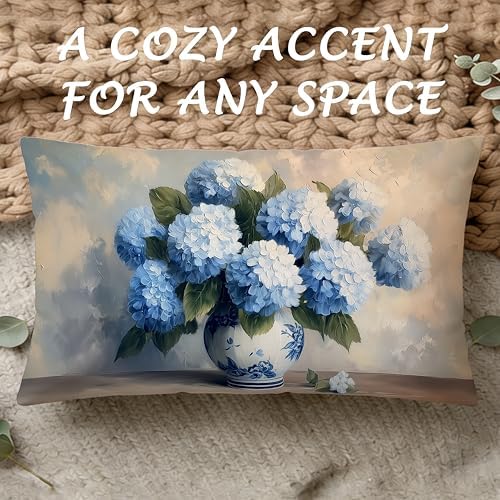 Blue Chinoiserie Hydrangea Floral Lumbar Pillow Cover 12x20 Double-Sided, Grandmillennial Decor, Vintage Farmhouse Spring Flower Decorative Throw Pillow Cover for Living Room Home Bedroom