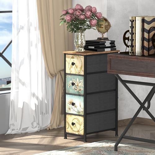 Tohomeor Narrow Storage Dresser Slim Dresser with Retro Flowers Fabric Drawers Vertical Skinny Cabinet for Small Spaces,Bathroom,Bedroom Closet Nightstand,Entryway Organizer (Retro Flower, 4 Drawers)