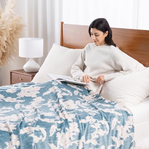 Luxury Printed Fleece Warm Blanket, Soft Lightweight Velvety Plush Throw for Couch and Bed, Cozy Comfy for All Seasons(Blue Floral Silhouette, 90×90 Inches)