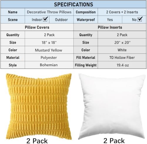 2 Pack Corduroy Decorative Throw Pillow with Inserts, 18x18 Inch Soft Boho Throw Pillow, Square Striped Throw Pillows for Couch, Bed, Sofa Decor