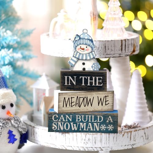Yuntau 4 Pcs Winter Table Decoration Blue Snowman Decor Wooden Block Sign