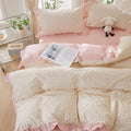 mixinni Pink Floral Duvet Cover Set Queen Size – 100% Cotton Ruffle Lace Bedding, Romantic Blushing Flower Print, Reversible Striped Pattern, Cottagecore Soft Aesthetic Princess Bedding for Girls